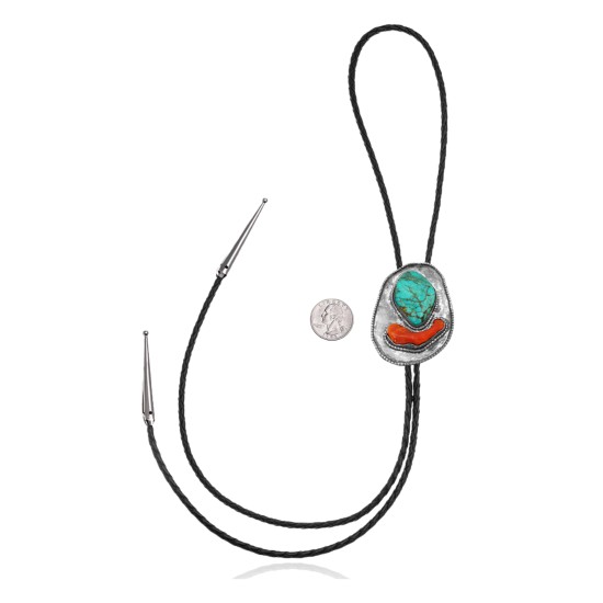 Handmade Certified Authentic Navajo .925 Sterling Silver Native American Natural Turquoise Coral Bolo Tie 34279