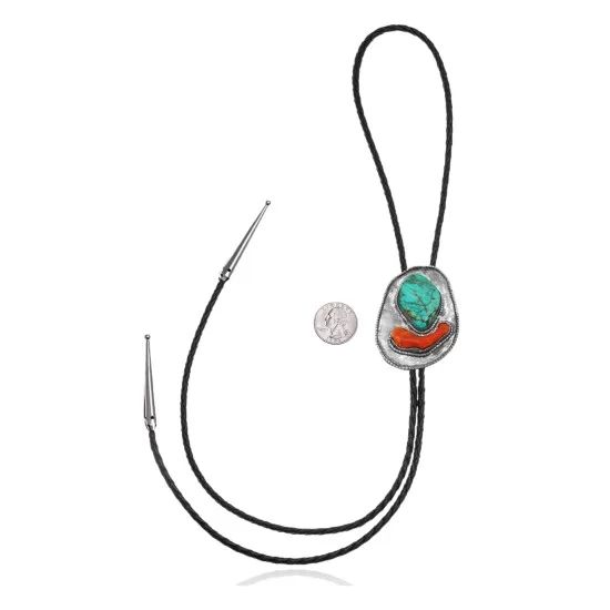 Handmade Navajo .925 Sterling Silver Turquoise Coral Bolo Tie NB180620190697 Handmade Navajo .925 Sterling Silver Turquoise Coral Bolo Tie NB180620190697