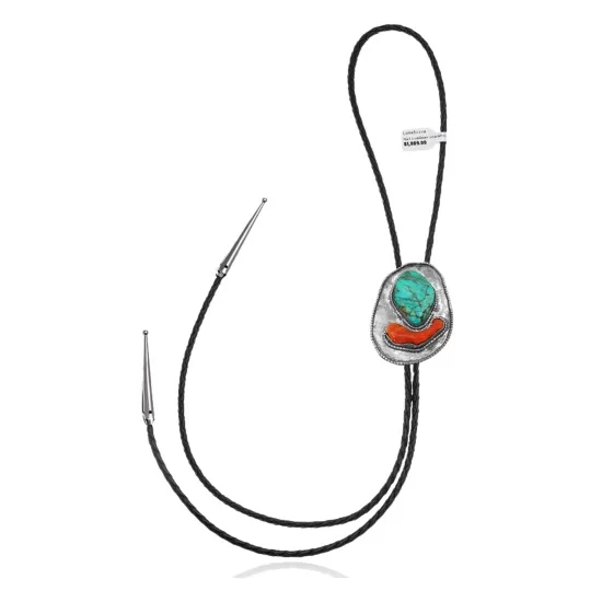 Handmade Navajo .925 Sterling Silver Turquoise Coral Bolo Tie NB180620190697 Handmade Navajo .925 Sterling Silver Turquoise Coral Bolo Tie NB180620190697