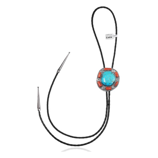 Handmade Certified Authentic Navajo .925 Sterling Silver Native American Natural Turquoise Coral Bolo Tie 34280