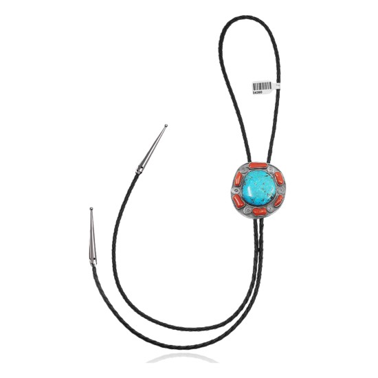 Handmade Certified Authentic Navajo .925 Sterling Silver Native American Natural Turquoise Coral Bolo Tie 34280