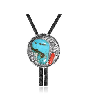 Feather .925 Sterling Silver Certified Authentic Handmade Navajo Native American Natural Turquoise Coral Bolo Tie 34282
