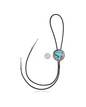 Feather .925 Sterling Silver Certified Authentic Handmade Navajo Native American Natural Turquoise Coral Bolo Tie 34282