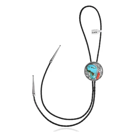 Feather .925 Sterling Silver Handmade Navajo Native American Natural Turquoise Coral Bolo Tie 34282 Feather .925 Sterling Silver Handmade Navajo Native American Natural Turquoise Coral Bolo Tie 34282