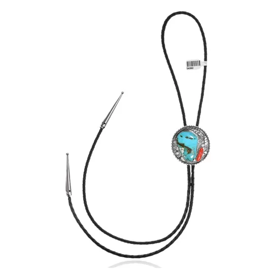Feather .925 Sterling Silver Handmade Navajo Native American Natural Turquoise Coral Bolo Tie 34282 Feather .925 Sterling Silver Handmade Navajo Native American Natural Turquoise Coral Bolo Tie 34282