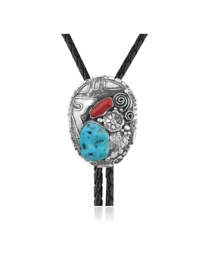 Feather .925 Sterling Silver Certified Authentic Handmade Navajo Native American Natural Turquoise Coral Bolo Tie 34284