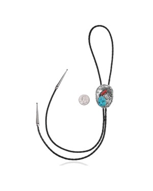 Feather .925 Sterling Silver Certified Authentic Handmade Navajo Native American Natural Turquoise Coral Bolo Tie 34284