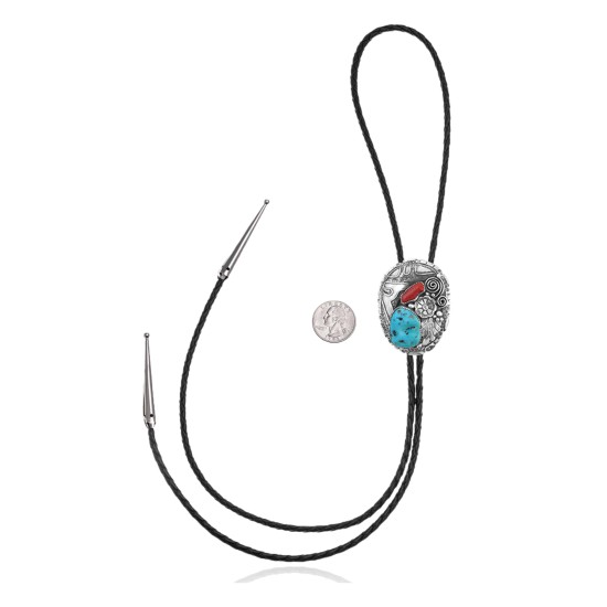 Feather .925 Sterling Silver Certified Authentic Handmade Navajo Native American Natural Turquoise Coral Bolo Tie 34284