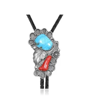 Large Feather .925 Sterling Silver Handmade Navajo Native American Natural Turquoise Coral Bolo Tie 34285