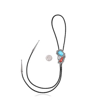Large Feather .925 Sterling Silver Certified Authentic Handmade Navajo Native American Natural Turquoise Coral Bolo Tie 34285