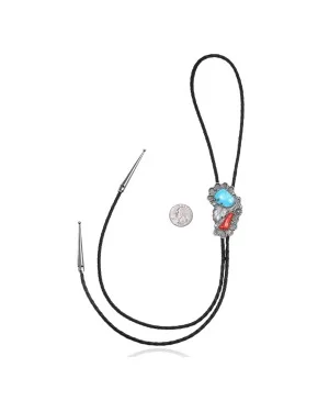 Large Feather .925 Sterling Silver Handmade Navajo Native American Natural Turquoise Coral Bolo Tie 34285 Large Feather .925 Sterling Silver Handmade Navajo Native American Natural Turquoise Coral Bolo Tie 34285
