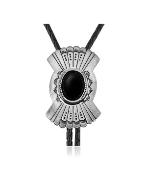 Sun .925 Sterling Silver Certified Authentic Handmade Navajo Native American Black Onyx Bolo Tie 34288