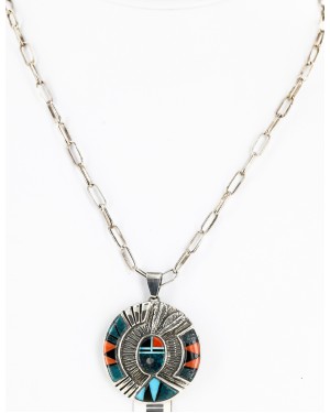 .925 Sterling Silver Handmade Certified Authentic Navajo Inlaid Natural Turquoise Coral Black Onyx Native American Necklace Pin 14728-10310