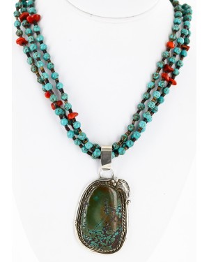 .925 Sterling Silver Handmade Certified Authentic Navajo Natural Turquoise Coral Native American Necklace 14984-15777