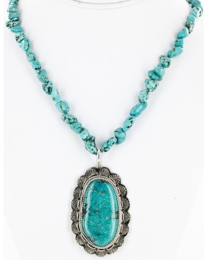 .925 Sterling Silver Handmade Certified Authentic Navajo Natural Turquoise Native American Necklace 15055-15409