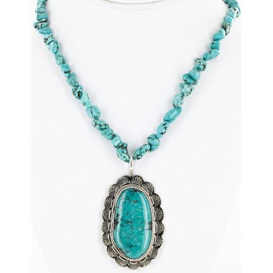 .925 Sterling Silver Handmade Certified Authentic Navajo Natural Turquoise Native American Necklace 15055-15409