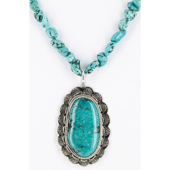 .925 Sterling Silver Handmade Certified Authentic Navajo Natural Turquoise Native American Necklace 15055-15409