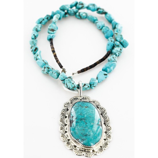 .925 Sterling Silver Handmade Certified Authentic Navajo Natural Turquoise Native American Necklace 15055-15409