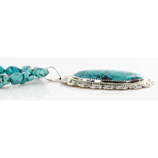 .925 Sterling Silver Handmade Certified Authentic Navajo Natural Turquoise Native American Necklace 15055-15409