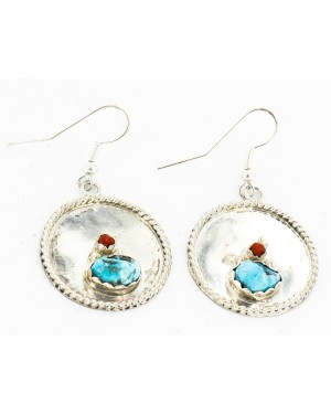 Certified Authentic Handmade Navajo .925 Sterling Silver Dangle Native American Earrings Natural Turquoise Coral 18080-1