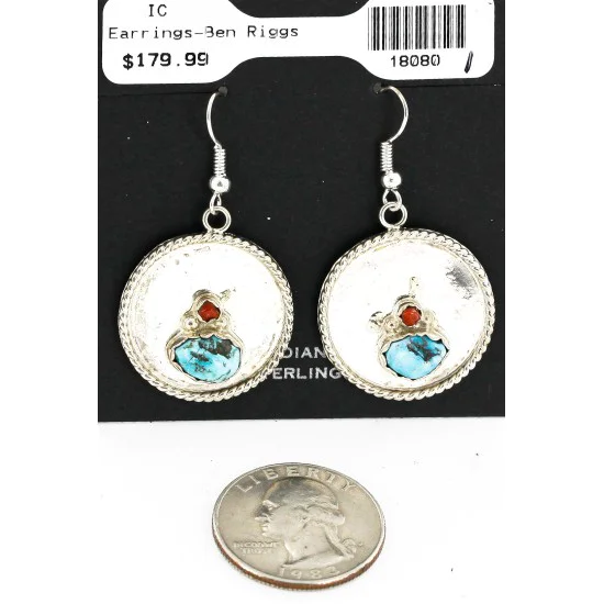 Handmade Navajo .925 Sterling Silver Dangle Native American Earrings Natural Turquoise Coral 18080-1 Handmade Navajo .925 Sterling Silver Dangle Native American Earrings Natural Turquoise Coral 18080-1
