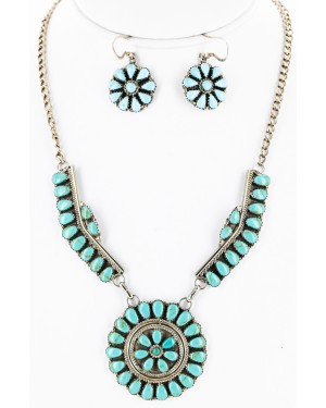 Handmade Certified Authentic Navajo .925 Sterling Silver Natural Turquoise Set Native American Necklace Earrings 15789-14644