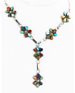 Petit Point Handmade Certified Authentic Zuni .925 Sterling Silver Multicolor Stones and Turquoise Native American Necklace 15903 Petit Point Handmade Certified Authentic Zuni .925 Sterling Silver Multicolor Stones and Turquoise Native American Necklace 15903