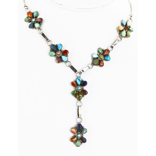 Petit Point Handmade Certified Authentic Zuni .925 Sterling Silver Multicolor Stones and Turquoise Native American Necklace 15903
