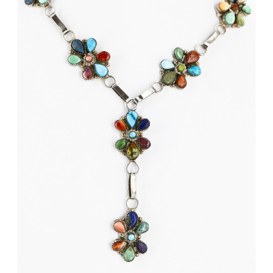 Petit Point Handmade Certified Authentic Zuni .925 Sterling Silver Multicolor Stones and Turquoise Native American Necklace 15903