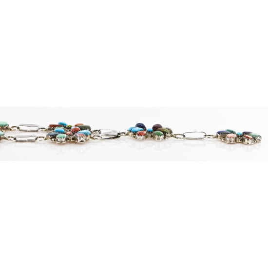 Petit Point Handmade Certified Authentic Zuni .925 Sterling Silver Multicolor Stones and Turquoise Native American Necklace 15903