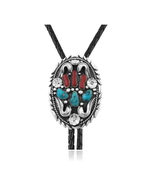 Large, Feather .925 Sterling Silver Handmade Navajo Native American Natural Turquoise Coral Bolo Tie 34295