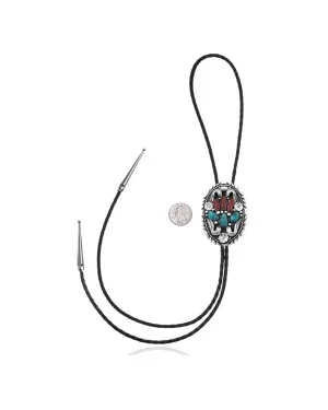 Large, Feather .925 Sterling Silver Handmade Navajo Native American Natural Turquoise Coral Bolo Tie 34295 Large, Feather .925 Sterling Silver Handmade Navajo Native American Natural Turquoise Coral Bolo Tie 34295
