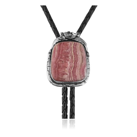 Flower .925 Sterling Silver Certified Authentic Handmade Navajo Native American Rhodochrosite Bolo Tie 34296