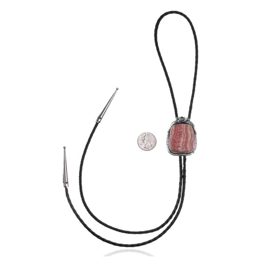 Flower .925 Sterling Silver Certified Authentic Handmade Navajo Native American Rhodochrosite Bolo Tie 34296