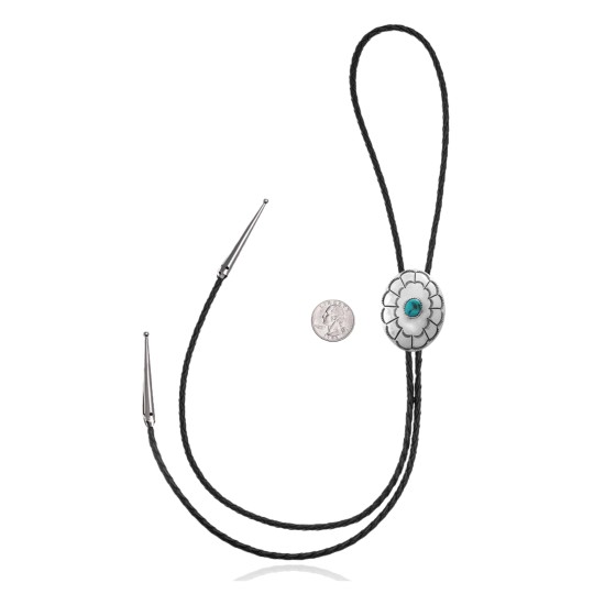 Sun .925 Sterling Silver Certified Authentic Handmade Navajo Native American Natural Turquoise Bolo Tie 34297