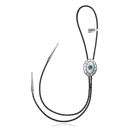 Sun .925 Sterling Silver Certified Authentic Handmade Navajo Native American Natural Turquoise Bolo Tie 34297