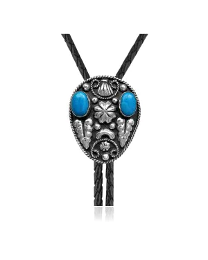 Sun, Mountain .925 Sterling Silver Handmade Navajo Native American Natural Turquoise Bolo Tie 34301