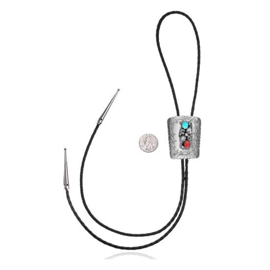 Feather .925 Sterling Silver Certified Authentic Handmade Navajo Native American Natural Turquoise Bolo Tie 34302