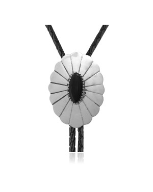 Sun .925 Sterling Silver Certified Authentic Handmade Navajo Native American Black Onyx Bolo Tie 34304