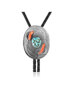 Leaf .925 Sterling Silver Certified Authentic Handmade Navajo Native American Natural Turquoise Coral Bolo Tie 34306