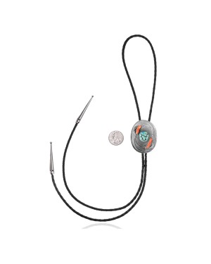 Leaf .925 Sterling Silver Certified Authentic Handmade Navajo Native American Natural Turquoise Coral Bolo Tie 34306