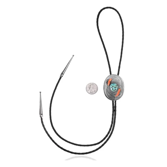 Leaf .925 Sterling Silver Handmade Navajo Native American Natural Turquoise Coral Bolo Tie 34306 Leaf .925 Sterling Silver Handmade Navajo Native American Natural Turquoise Coral Bolo Tie 34306