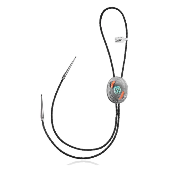 Leaf .925 Sterling Silver Handmade Navajo Native American Natural Turquoise Coral Bolo Tie 34306 Leaf .925 Sterling Silver Handmade Navajo Native American Natural Turquoise Coral Bolo Tie 34306