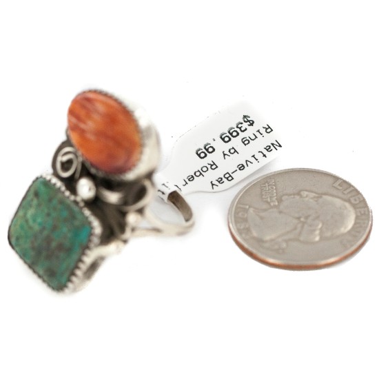 Handmade Certified Authentic Navajo .925 Sterling Silver Natural Turquoise Spiny Oyster Native American Ring 18298