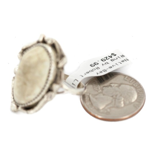 Handmade Navajo Certified Authentic .925 Sterling Silver Natural White Buffalo Native American Ring 18297-1
