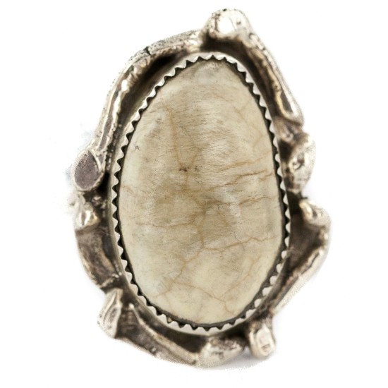 Handmade Navajo Certified Authentic .925 Sterling Silver Natural White Buffalo Native American Ring 18297-1