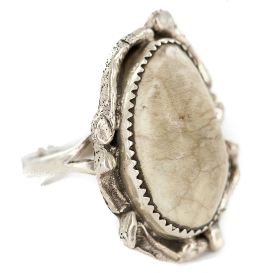 Handmade Navajo Certified Authentic .925 Sterling Silver Natural White Buffalo Native American Ring 18297-1