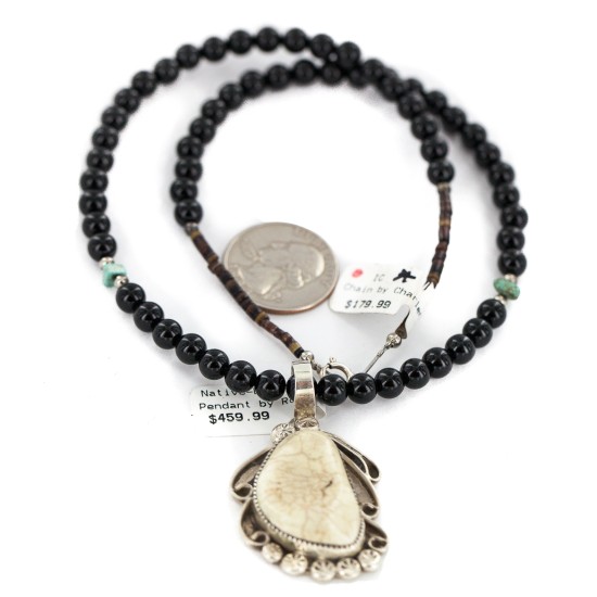 .925 Sterling Silver Certified Authentic Navajo Natural White Buffalo Black Onyx Native American Necklace 18301-15786 .925 Sterling Silver Certified Authentic Navajo Natural White Buffalo Black Onyx Native American Necklace 18301-15786