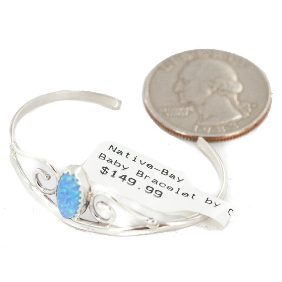 Handmade Certified Authentic Navajo .925 Sterling Silver Blue Opal Native American Baby Bracelet 13186-2