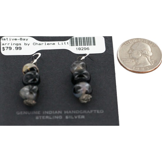 .925 Sterling Silver Hooks Certified Authentic Navajo Natural Agate Native American Dangle Earrings  18296